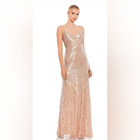 Mac Duggal, Sequin Spaghetti Strap‎ Gown, Gold, Size 0, NWT - Picture 1 of 11